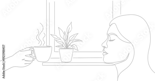 Woman enjoying hot coffee near window with plant