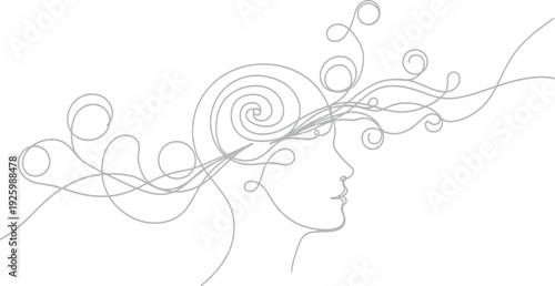Woman with swirling hair and abstract lines
