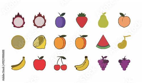Fresh fruit icon set modern colorful food symbols vector pack