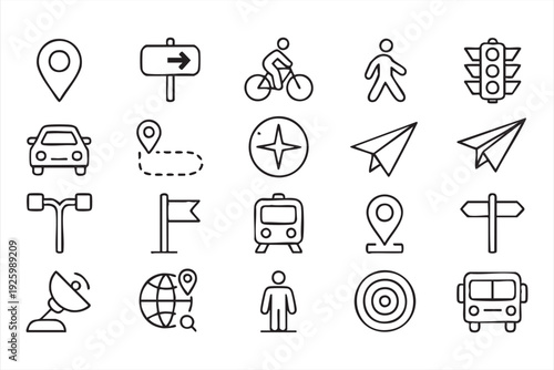 Minimal navigation icons featuring route, compass, traffic signal, and transport symbols