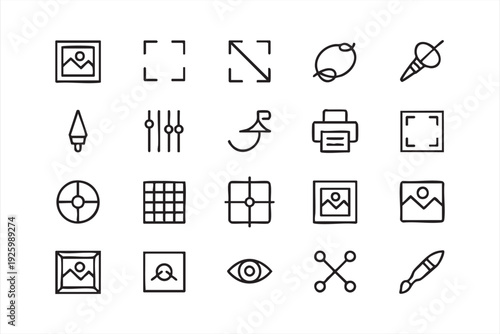 Minimal design tools line icons for editing panels, media apps, and creative dashboards