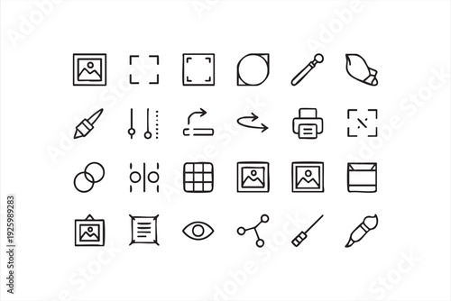 Creative software line icon collection with image tools, controls, and editing symbols