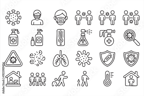 Virus prevention and healthcare outline icons with mask, sanitizer, and vaccination symbols