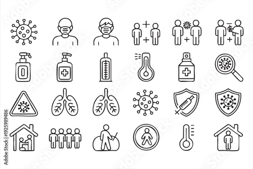 Medical safety line icons for pandemic awareness, hygiene, and infection control visuals