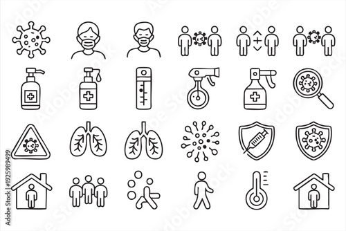 Health protection icon set with virus warning, distancing, and medical prevention elements