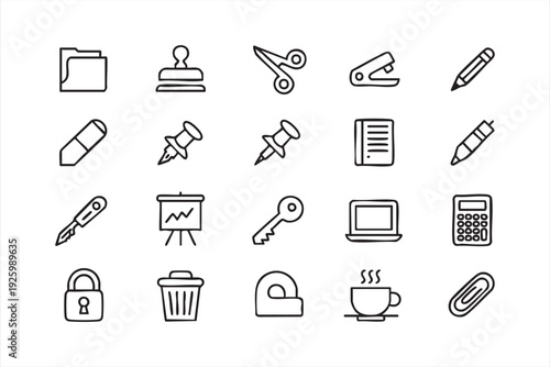 Stationery and office equipment icon set for corporate workspace and management visuals