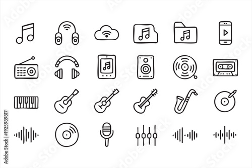 Audio entertainment line icons for media players and music streaming apps