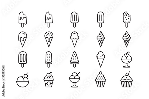 Dessert outline icons featuring popsicle, cone, sundae, and sweet treat symbols