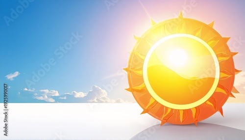 a bright golden sun glowing softly against a clear blue sky, with gentle light radiating through thin, wispy clouds