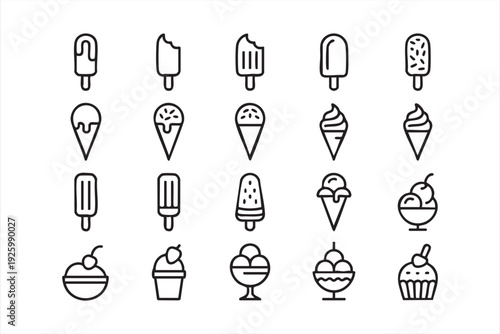 Ice cream line icons for food packaging, menu design, and cafe marketing visuals