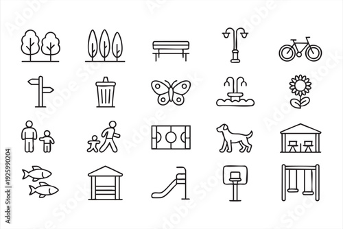 Outdoor park outline icons featuring playground, nature, family, and activity symbols