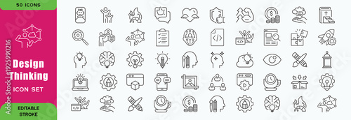 Creativity design thinking line editable icon set.. Creative business solutions icons for web and mobile app.Creative idea, team management, solution, brainstorming, invention. Vector illustration