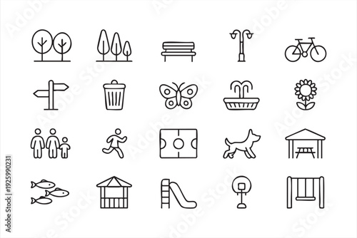 Nature and recreation icon set with trees, bench, sports, and playground elements
