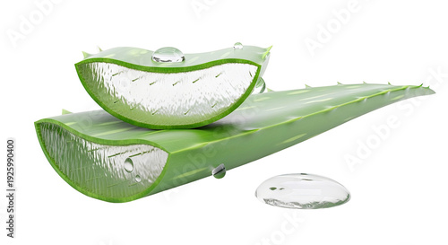 Aloe Vera slices with water droplets on a white background