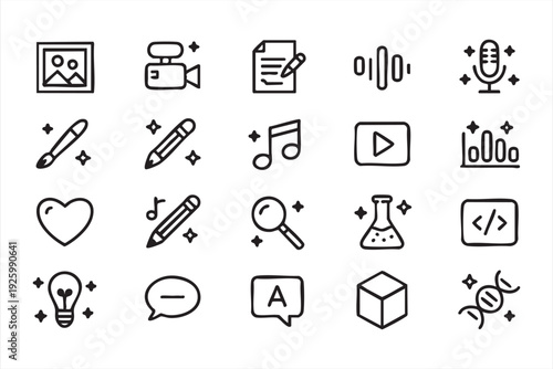 Media and creative outline icons for design, production, and online content tools