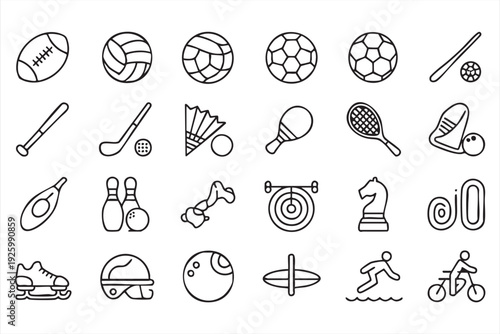 Sports equipment line icons for training programs and activity tracking interfaces