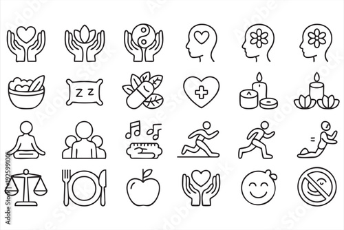 Wellness and mindfulness line icon set for meditation and healthy lifestyle design