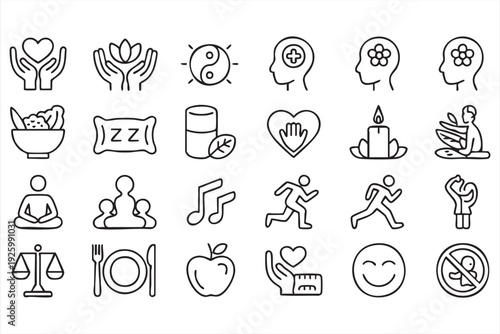 Mindfulness outline icons featuring yoga, mental health, and relaxation symbols
