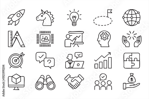 Startup strategy line icons for entrepreneurship and corporate growth visuals