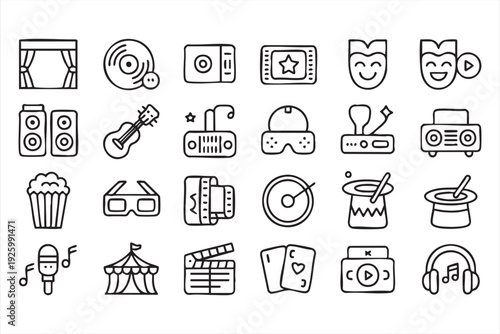 Media and performance icon set for digital content, streaming, and creative projects