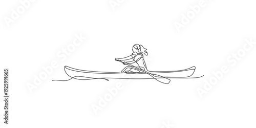 A simple black and white line drawing of a person paddling a canoe on the water.