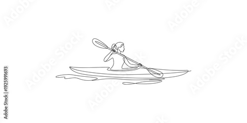 Minimalist black and white line drawing of a person paddling a kayak on calm water