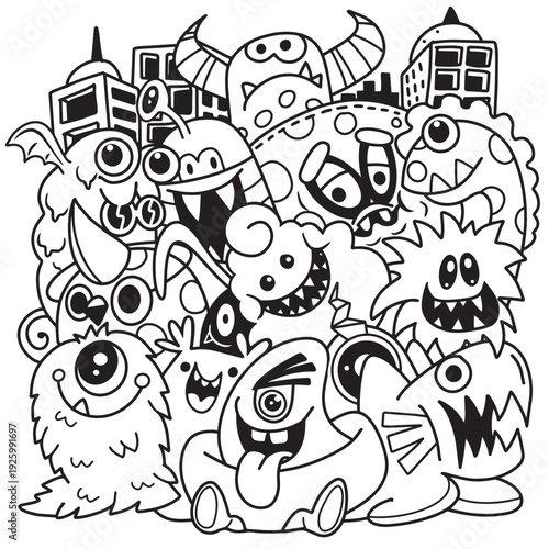 Cute monster cartoon doodle city happy funny group black and white playful urban
