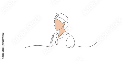 Continuous one line drawing of a female nurse wearing a traditional medical cap and uniform.