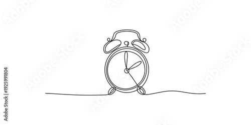 Continuous line drawing of a classic alarm clock with bells on a white background.