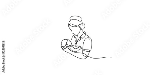 Continuous line drawing of a nurse in uniform holding a newborn baby in her arms.