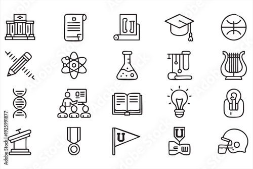 Academic Outline Icon Collection with School Science and Learning Symbols