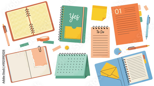 Colorful Planning & Organization Stationery Set: Notebooks, Pens, Calendar, Sticky Notes, and Creative Desk Supplies Illustration