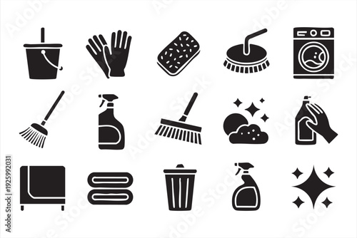 Household Cleaning Icon Set with Laundry Tools and Sanitation Elements