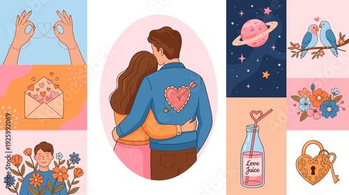 Romantic Love & Relationship Illustrations: Diverse Flat Art Concepts for Valentine's Day, Dating, Affection, and Commitment