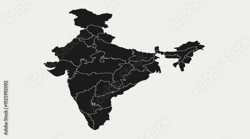 India Map with States and Union Territories Outlines, Black Silhouette on White Background, Modern Minimalist Design