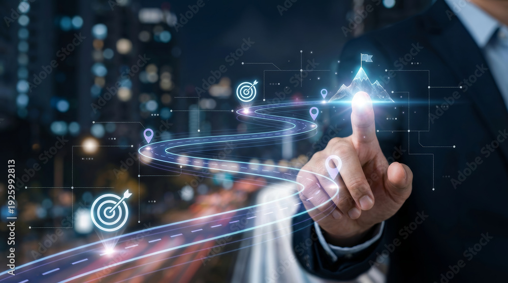 Fototapeta premium Confident businessman touching navigation route virtual screen showing futuristic transportation logistics technology and successful journey with digital map interface over city background night