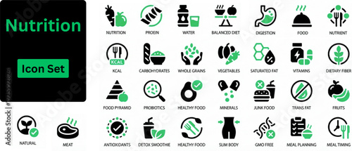 Silhouette vector of Nutrition icon set. Icons of food, vegetables, water, meal planning, fruits, dietary fiber, protein, vitamins, healthy fats and carbohydrate. Solid icons set.