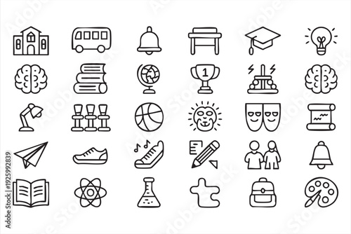 School and university line icons featuring student teacher science and art concepts