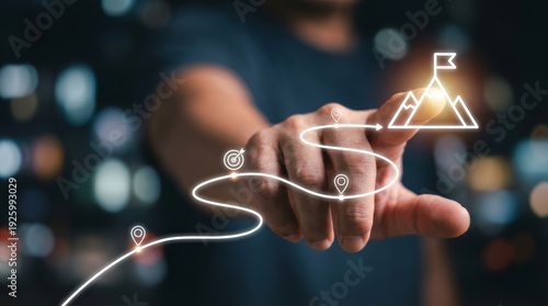 Close up business person hand touching achievement goal mountain peak icon with confident emotion over blurred night city background showing digital strategy plan path to success and vision