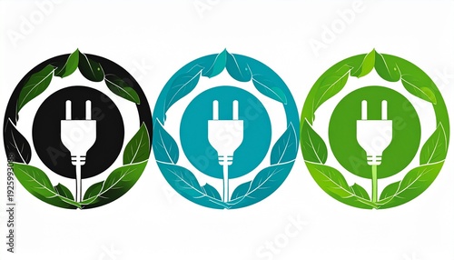 Three circular eco-energy icons with plugs and green leaves, symbolizing sustainable electricity solutions.