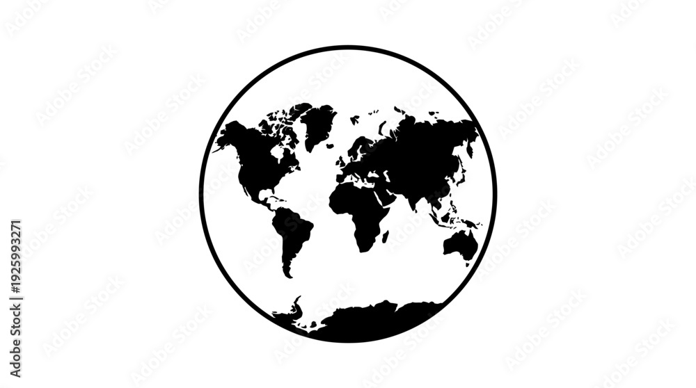 Obraz premium Simple Black World Map Icon in Oval Frame on White Background - Global Silhouette Vector
