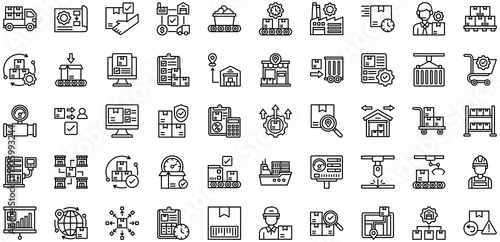 Manufacturing and Distribution icons collection. Vector illustration. Logistics, Project, Receiving, Supply Chain, Raw Materials, Manufacturing. Pro Vector
