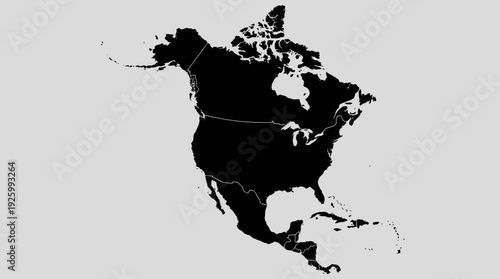 North America Map Black Silhouette with Political Borders on Clean Grey Background