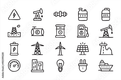 Energy production line icons featuring oil gas solar wind and electricity symbols
