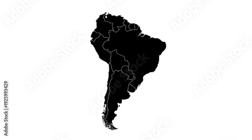 South America Continent Black Silhouette Map with Detailed Country Borders Isolated on White Background for Geography, Education, and Design
