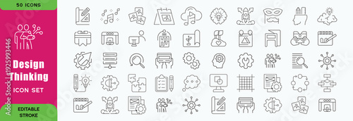 Design Thinking line editable icon set. Contain icons related to design, thinking, ideation, brainstorm, creativity, prototype, innovation, research, and more. Editable stroke. Vector illustration