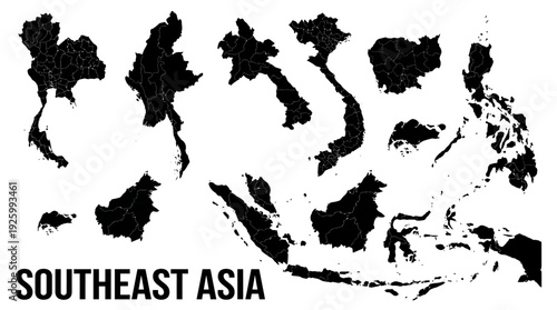 Southeast Asia Countries Map with Provinces - Detailed Black Silhouette Vector Illustration for Geography & Data Visualization