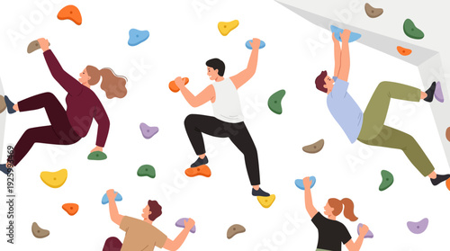 Enthusiastic People Rock Climbing and Bouldering Indoors. Modern Flat Vector Illustration for Sport, Fitness, and Active Lifestyle.