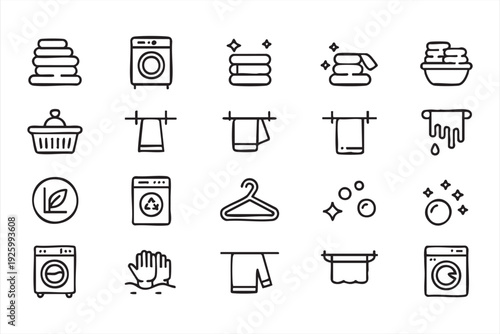 Minimalist laundry and cleaning line icon set for home care and hygiene design