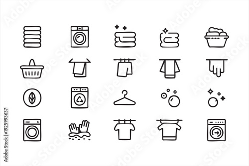 Laundry and washing line icons featuring washer detergent towel and eco symbols